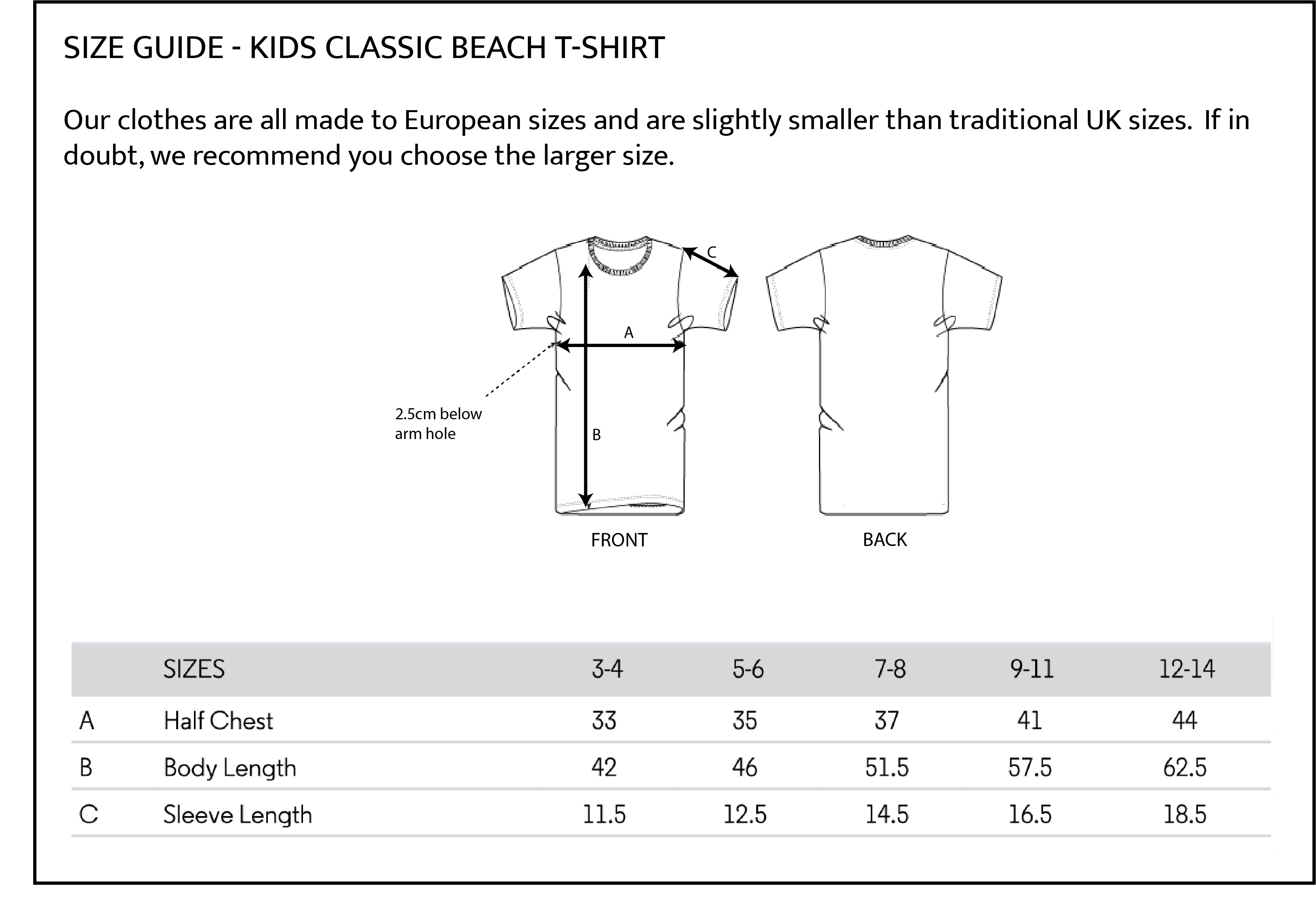 Kids t shirt size guide