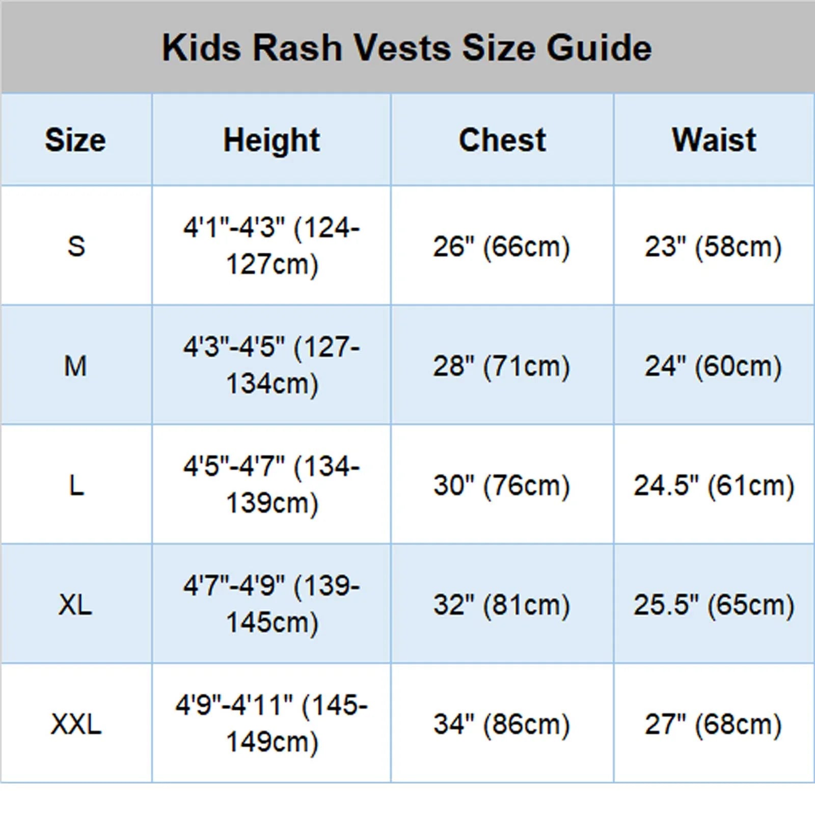 Kids Rash Vest size guide