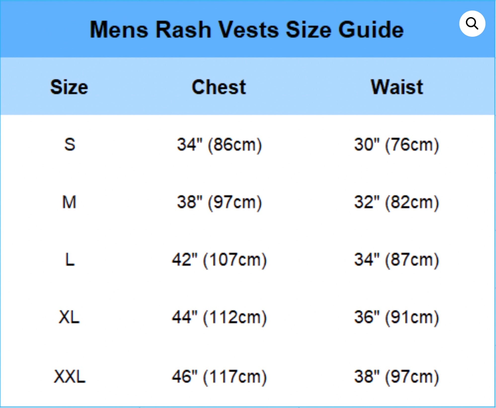 Mens Rash Vest Size Guide