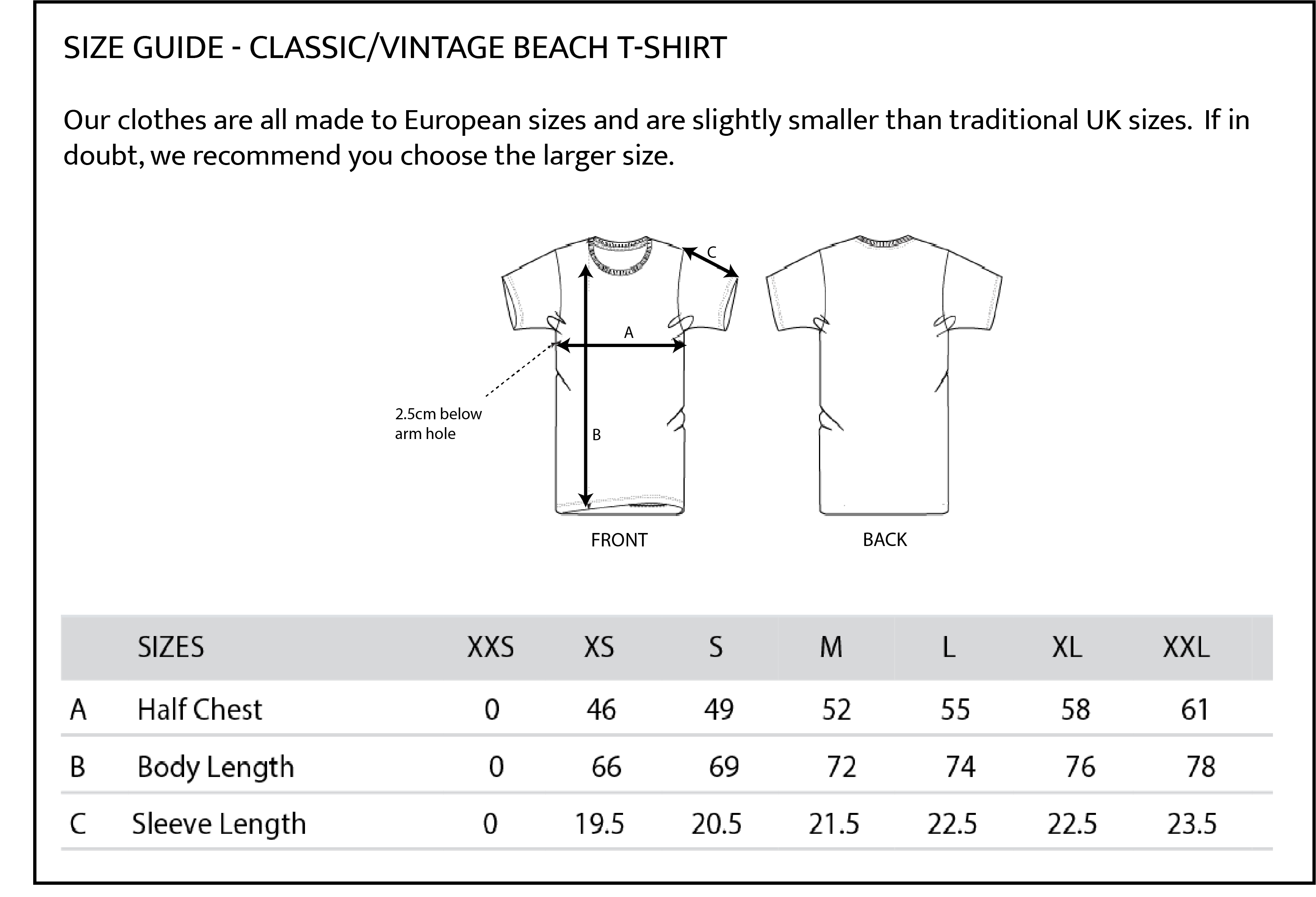 Vintage and clasisic t shirt size guide