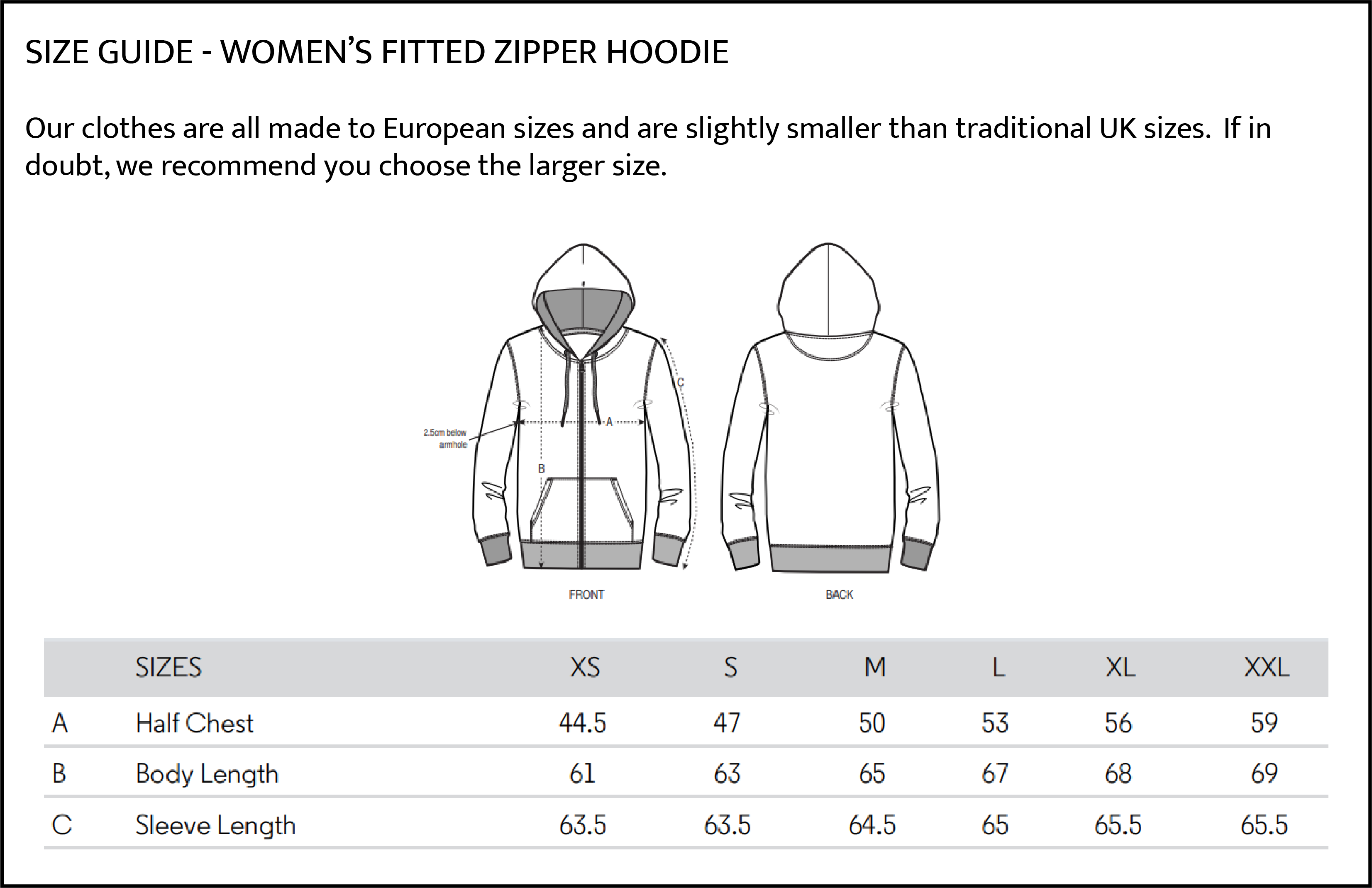 Womens fitted hoodie size guide