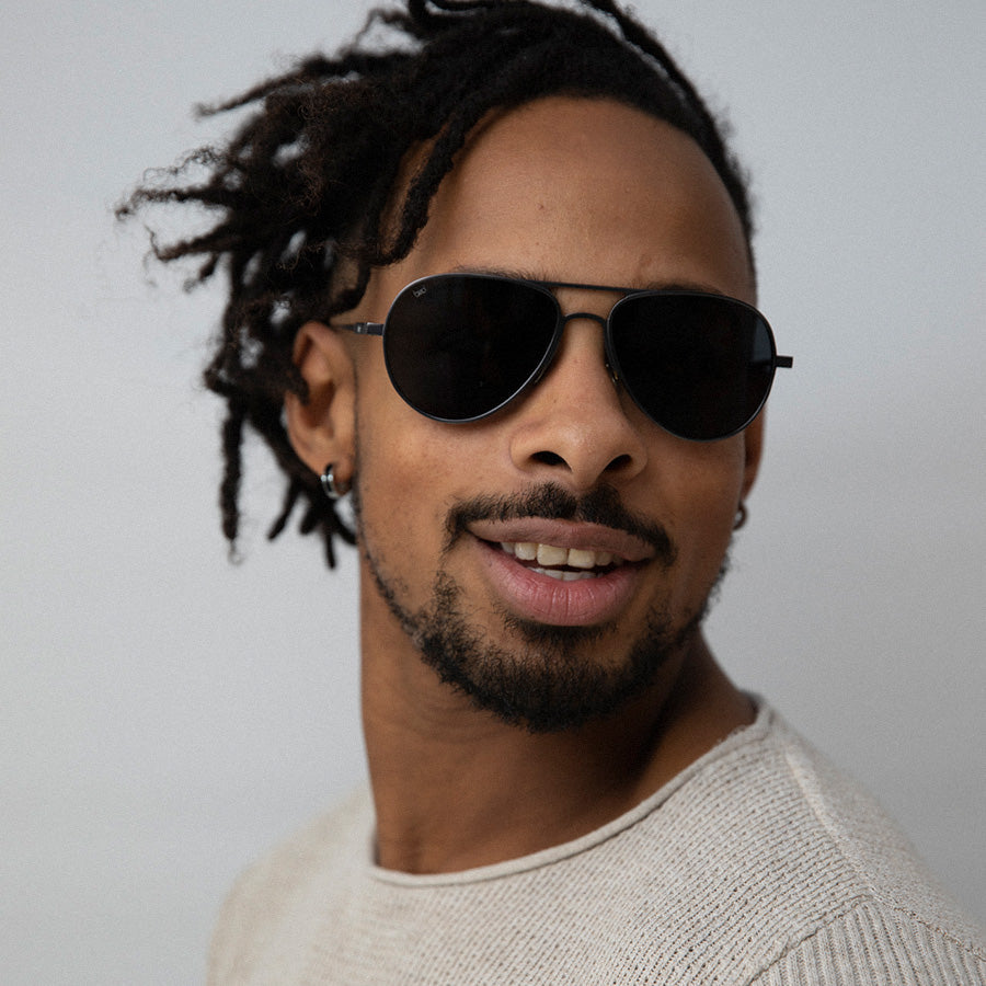 Black man wearing aviator sunglasses with polarised lenses