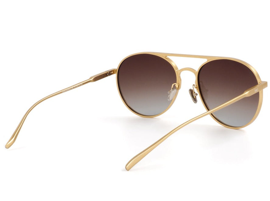 Rear view of Large gold aviator sunglasses with polarised lenses