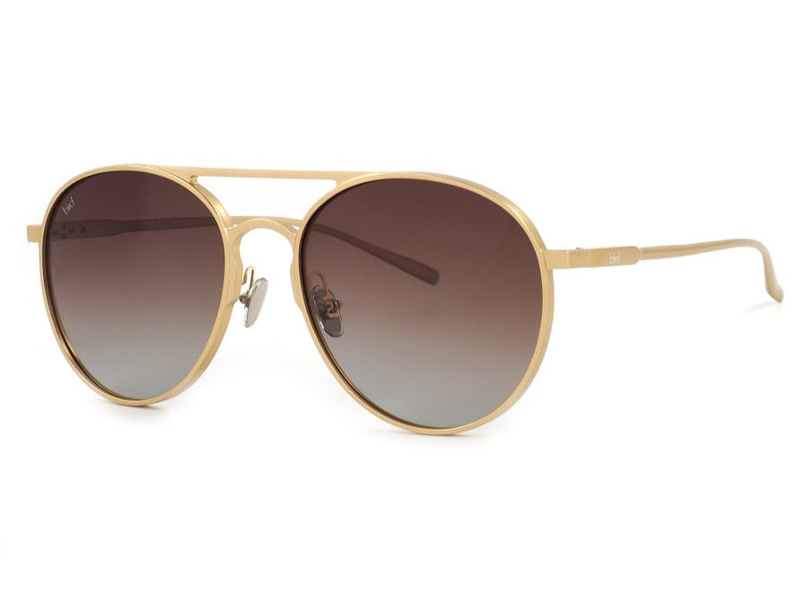 Large gold aviator sunglasses with polarised lenses